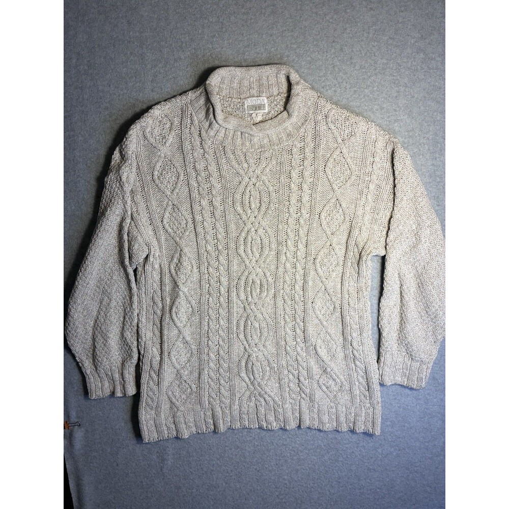 Moda Intl Sweater VTG 90s Cable Knit Fisherman Rolled Collar Beige Cotton Knit